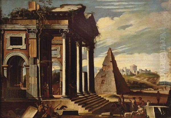 A Capriccio View With Figures Amongst Ancient Ruins And A Pyramid, A Herdsman And His Cattle Beyond Oil Painting by Giovanni Ghisolfi