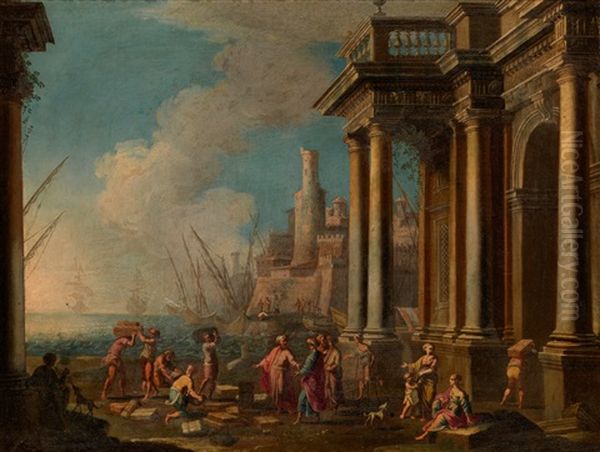 A Capriccio Of A Mediterranean Port With Classical Ruins Oil Painting by Giovanni Ghisolfi