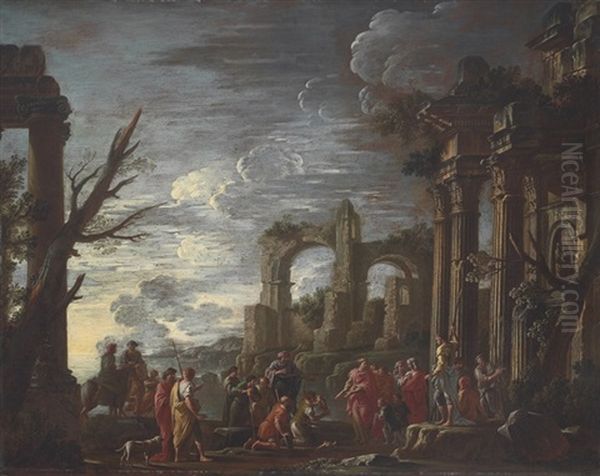 A Capriccio Landscape With A King And Other Figures Amidst Classical Ruins Oil Painting by Giovanni Ghisolfi