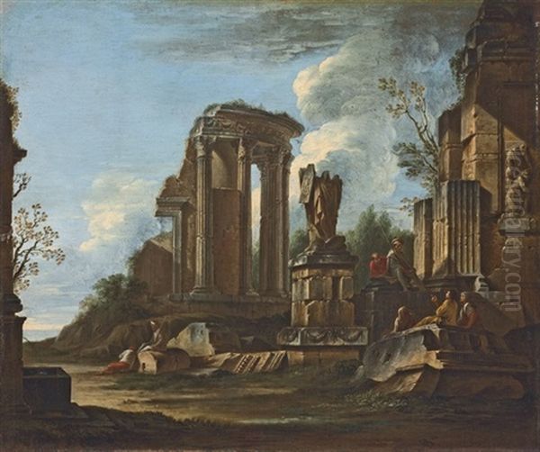 A Capriccio Of Roman Ruins With The Trofei Di Mario And The Temple Of The Sibyl At Tivoli And Figures Conversing Oil Painting by Giovanni Ghisolfi