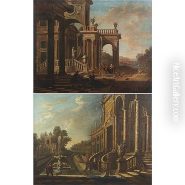 Capricci Of Palaces With Fountains (+ Figures Strolling; 2 Works) Oil Painting by Giovanni Ghisolfi