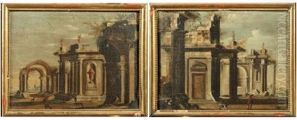 Caprices Architecturaux (pair) Oil Painting by Giovanni Ghisolfi