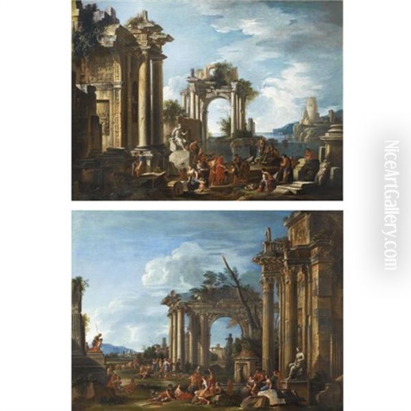 Architectural Capriccio With A Statue Of Mercury (+ Another; Pair) Oil Painting by Giovanni Ghisolfi