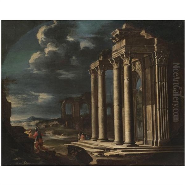 An Architectural Capriccio Of Roman Ruins With Figures Conversing Oil Painting by Giovanni Ghisolfi