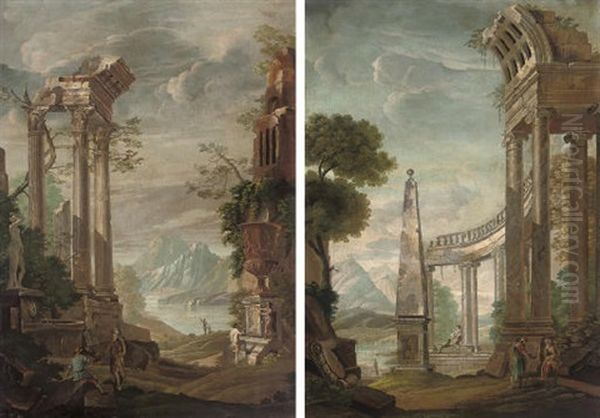 An Architectural Capriccio Of Classical Ruins With Figures By A Sculpted Urn (+ An Architectural Capriccio Of Classical Ruins With Figures By An Obelisk; 2 Works) Oil Painting by Giovanni Ghisolfi