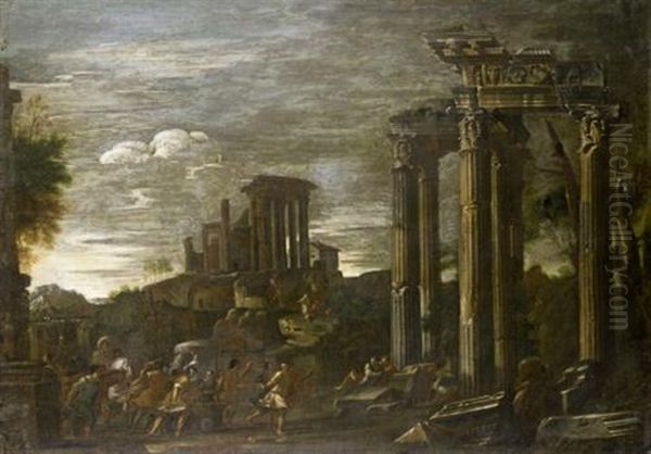 Capriccio View Of Tivoli With The Temple Of The Sybils And The Cascade Beyond With Soldiers Looting In The Foreground Oil Painting by Giovanni Ghisolfi