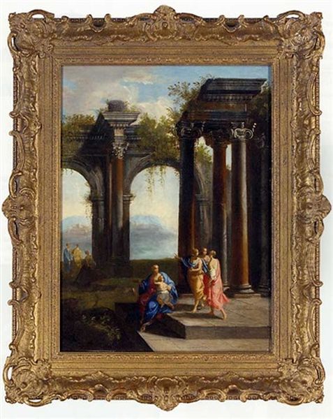 A Capriccio Of Classical Ruins With Elegant Figures And Mountains Beyond Oil Painting by Giovanni Ghisolfi