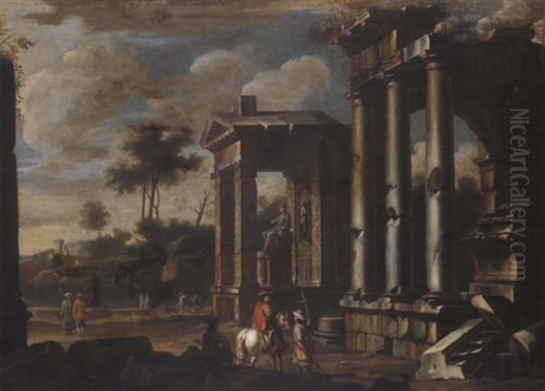 Capriccio Von Romischen Ruinen Mit Der Statue Eines Imperators Im Portikus Eines Tempels (capriccio Architettonico Con La Statua Di Un Imperatore Romano Nel Portico Di Un Tempio) Oil Painting by Giovanni Ghisolfi