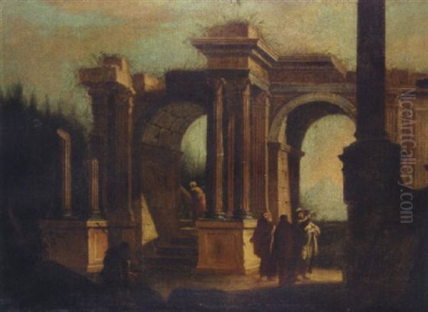 An Architectural Capriccio, With Figures And Monks Among Ruins Oil Painting by Giovanni Ghisolfi