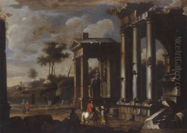 Capriccio Architettonico Con La Statua Di Un Imperatore Romano Nel Portico Di Un Tempio Oil Painting by Giovanni Ghisolfi