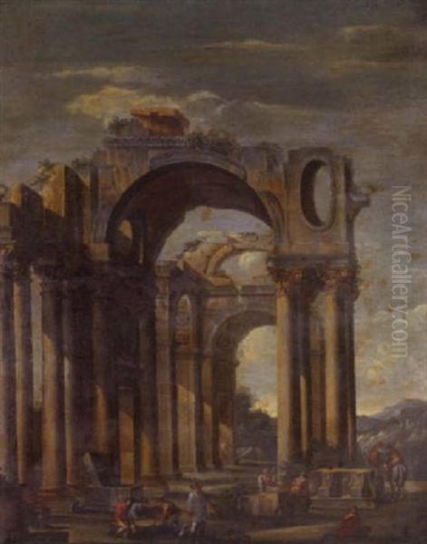 A Capriccio Of Classical Ruins With Figures In The Foreground Oil Painting by Giovanni Ghisolfi