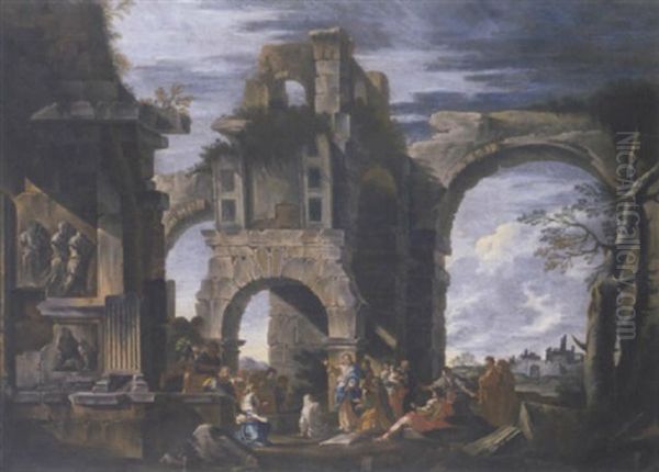 An Architectural Capriccio With The Raising Of Lazarus Oil Painting by Giovanni Ghisolfi