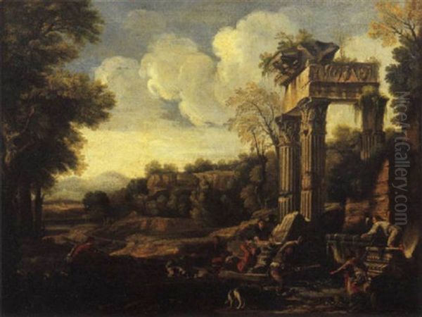 Rovine Di Un Tempio Ionico Presso Una Fonte Con Astanti Vari, In Un Paesaggio Classico Oil Painting by Giovanni Ghisolfi