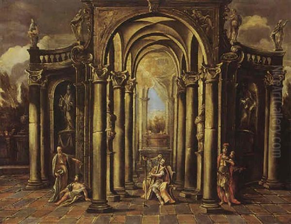 An Architectural Capriccio Of A Classical Building Adorned With Statues And David Playing The Harp Oil Painting by Giovanni Ghisolfi