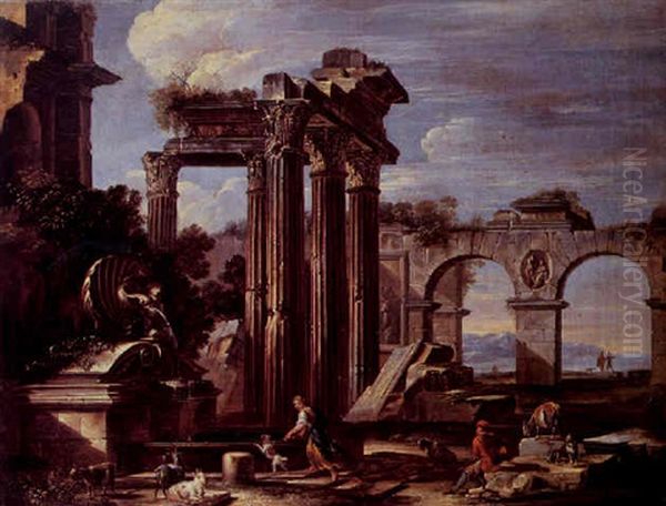 A Landscape With Classical Figures Near A Fountain Amid Roman Ruins Oil Painting by Giovanni Ghisolfi