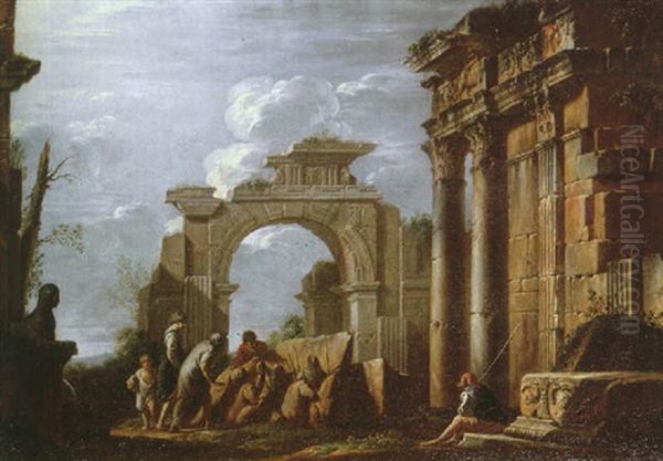 A Landscape With Classical Figures Examining A Stone Relief Amid Roman Ruins Oil Painting by Giovanni Ghisolfi