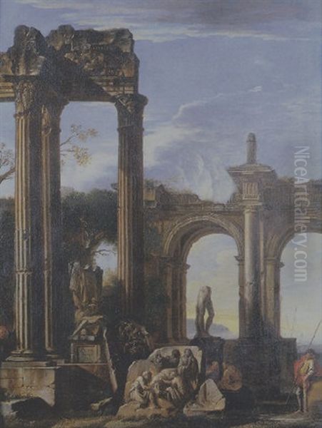 Paysage De Ruines Antiques Anime De Personnages Oil Painting by Giovanni Ghisolfi