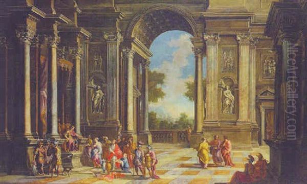 The Interior Of A Classical Palace With Solomon Before The Queen Of Sheba Oil Painting by Giovanni Ghisolfi