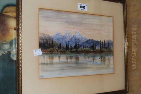 A Mountain Lake Scene With Distant Mountains Oil Painting by J. Baber