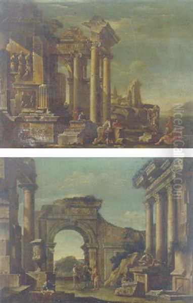 Capricci Of Classical Ruins With Philosophers And Solders Discoursing Oil Painting by Giovanni Ghisolfi