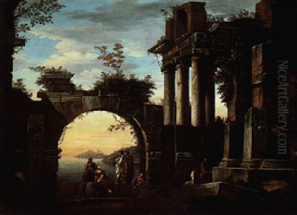 An Architectural Capriccio With Figures Among Classical Ruins, A View Of An Italianate Coastline Beyond Oil Painting by Giovanni Ghisolfi