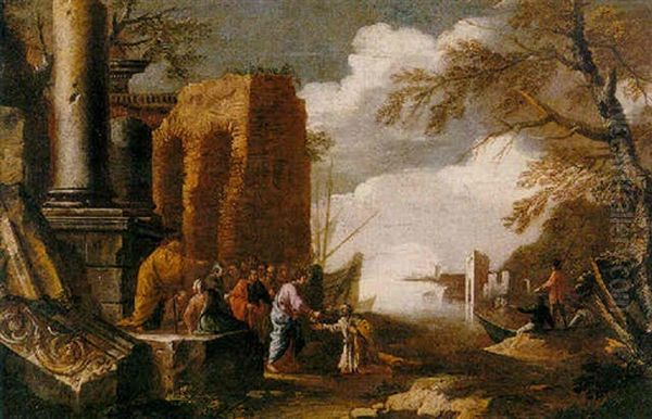 A Mediterranean Coastal Landscape With Christ Giving The Keys To Saint Peter Oil Painting by Giovanni Ghisolfi