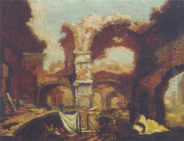 Peasants Amongst Classical Ruins Oil Painting by Giovanni Ghisolfi