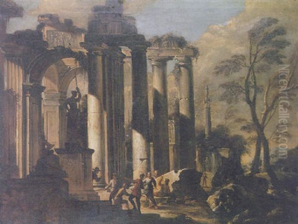 Classical Soldiers And Other Figures Discoursing Amid Roman Ruins Oil Painting by Giovanni Ghisolfi