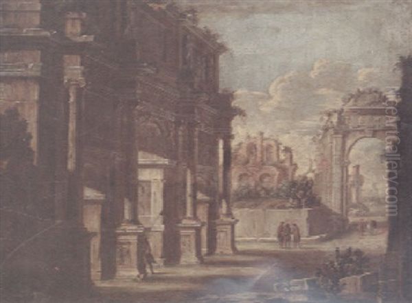 A View Of Roman Ruins With An Elegant Figure Under An Archway And Other Figures In The Foreground Oil Painting by Giovanni Ghisolfi