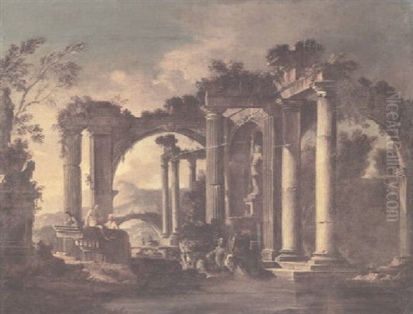 A Capriccio Landscape With Classical Ruins And Figures Crossing A River In The Foreground Oil Painting by Giovanni Ghisolfi