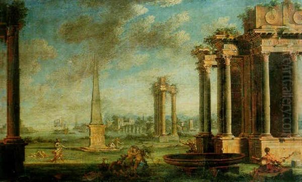 A Capriccio Of A Mediterannean Harbour With Bacchants And Classical Ruins Oil Painting by Giovanni Ghisolfi