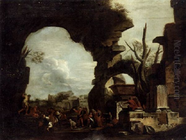 Classical Ruins With Figures Baiting A Monkey Oil Painting by Giovanni Ghisolfi