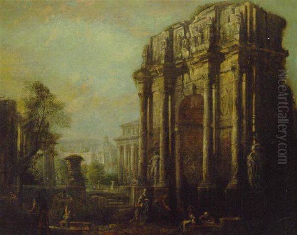 A Capriccio Of Roman Ruins With The Arch Of Constantine And Figures In The Foreground Oil Painting by Giovanni Ghisolfi