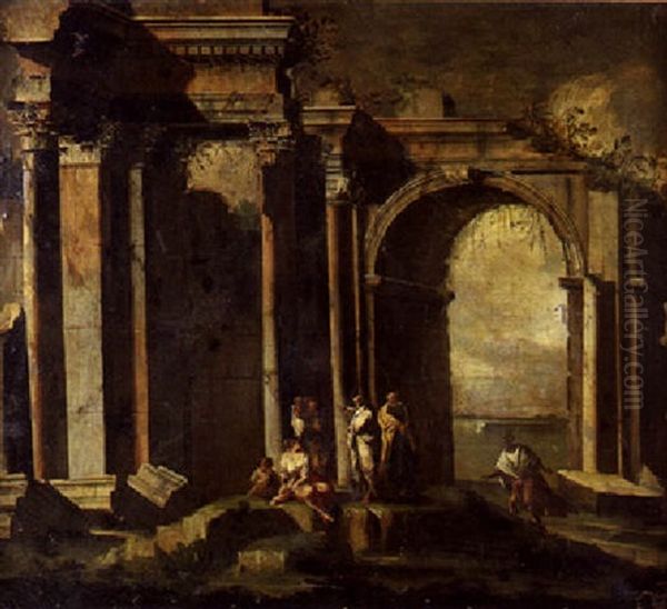 Reunion De Personnages Au Pied Des Ruines D'un Temple Antique Oil Painting by Giovanni Ghisolfi