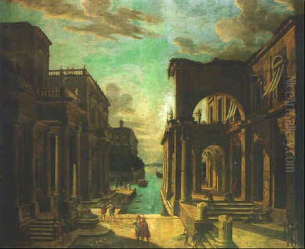 A Capriccio Of A Classical Palace On A Lake Oil Painting by Giovanni Ghisolfi