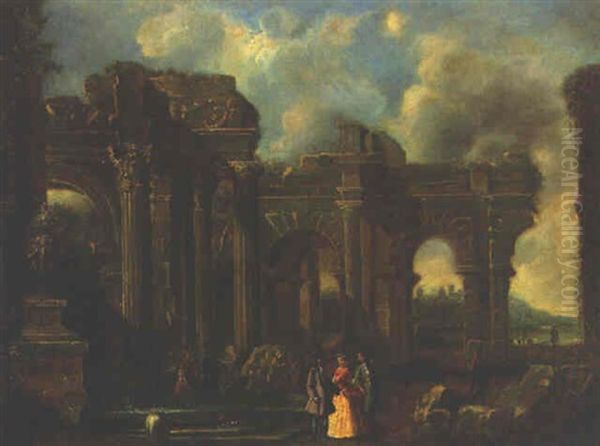 Elegant Figures Amongst Classical Ruins Oil Painting by Giovanni Ghisolfi