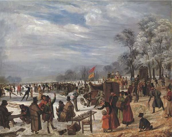 Skaters On A Frozen Lake Oil Painting by J. Baber