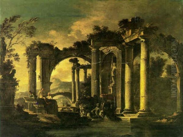 Cappriccio Landscape With Classical Ruins And Figures Crossing A River Oil Painting by Giovanni Ghisolfi