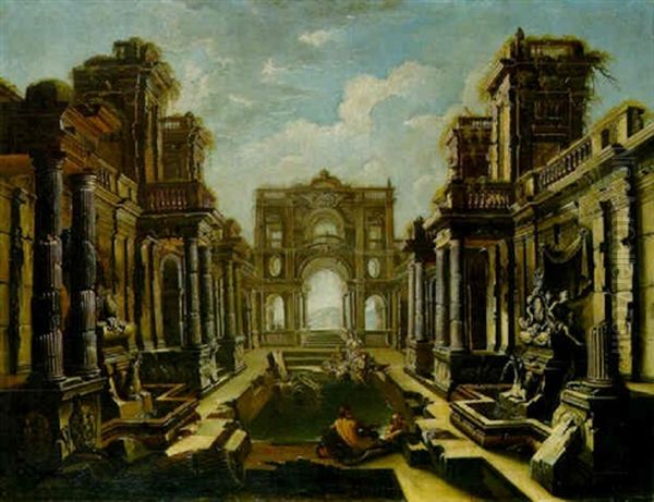 Capriccio Of Ruined Classical Palace Oil Painting by Giovanni Ghisolfi