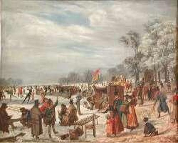 A Busy Skating Scene With Crowds Of Figures On A Frozen Lake Oil Painting by J. Baber