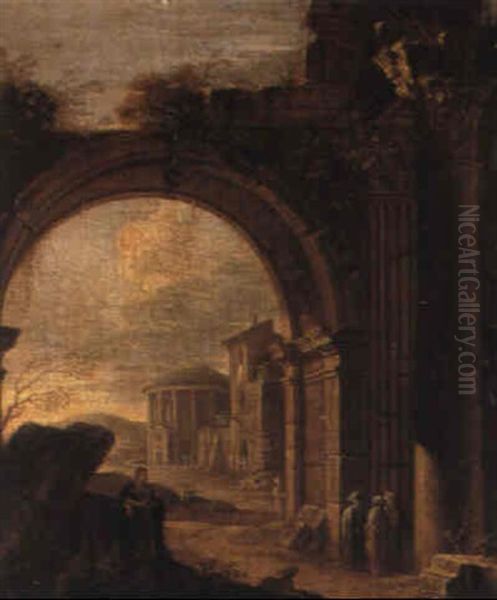 Capriccio Of Classical Ruins In A Landscape Oil Painting by Giovanni Ghisolfi