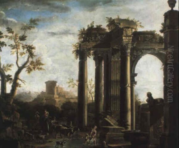 Travellers In A Landscape With Classical Ruins Oil Painting by Giovanni Ghisolfi