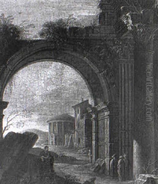 Figures Beneath A Ruined Classical Arch Oil Painting by Giovanni Ghisolfi