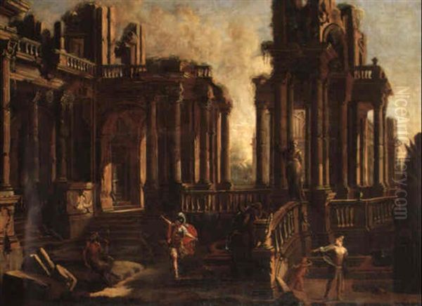 A Classical Ruined Temple With A Satyr, Centurion And A Maiden With Cupid Oil Painting by Giovanni Ghisolfi