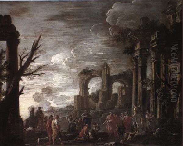 Grave-diggers Displaying Oxen Skulls To A King By A Classical Ruin Oil Painting by Giovanni Ghisolfi