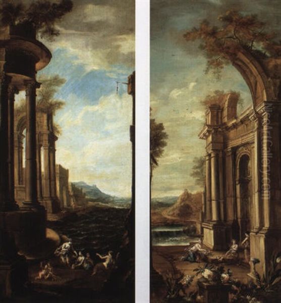 Capricci Of Classical Ruins With Eurydice By An Asp And Three Others Oil Painting by Giovanni Ghisolfi