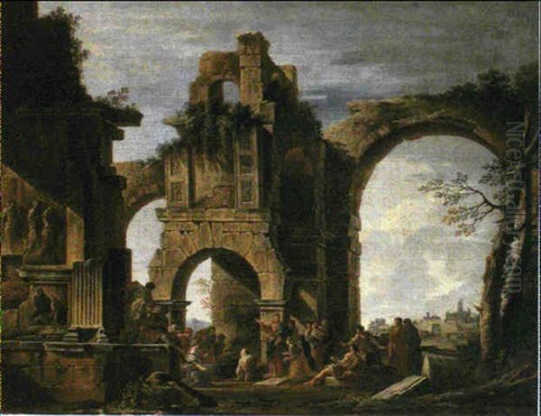 A Capriccio Of Classical Ruins With The Raising Of Lazarus Oil Painting by Giovanni Ghisolfi