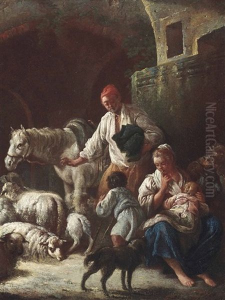 Peasants With Sheep, A Horse And A Dog, Before A Ruined Arch (2 Works) Oil Painting by Giorgio Giacoboni