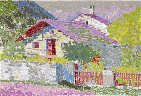 Bergdorf - Haus Und Garten In Stampa (mountain Village - House And Garden In Stampa) Oil Painting by Augusto Giacometti