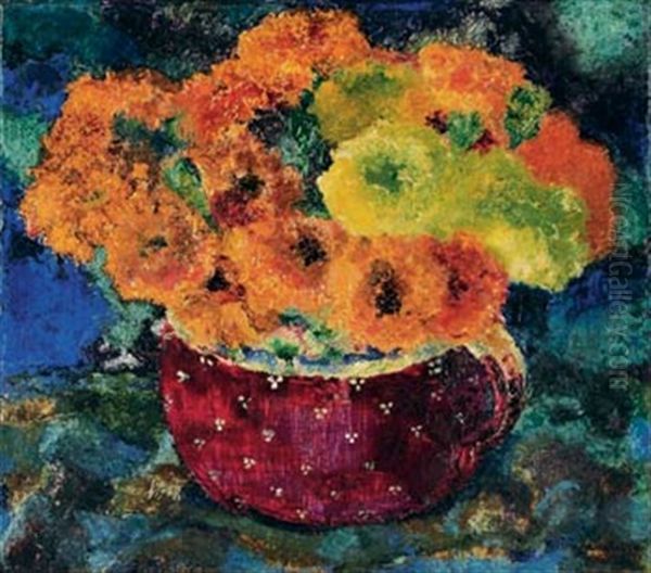 Zinnien In Roter Vase Oil Painting by Augusto Giacometti